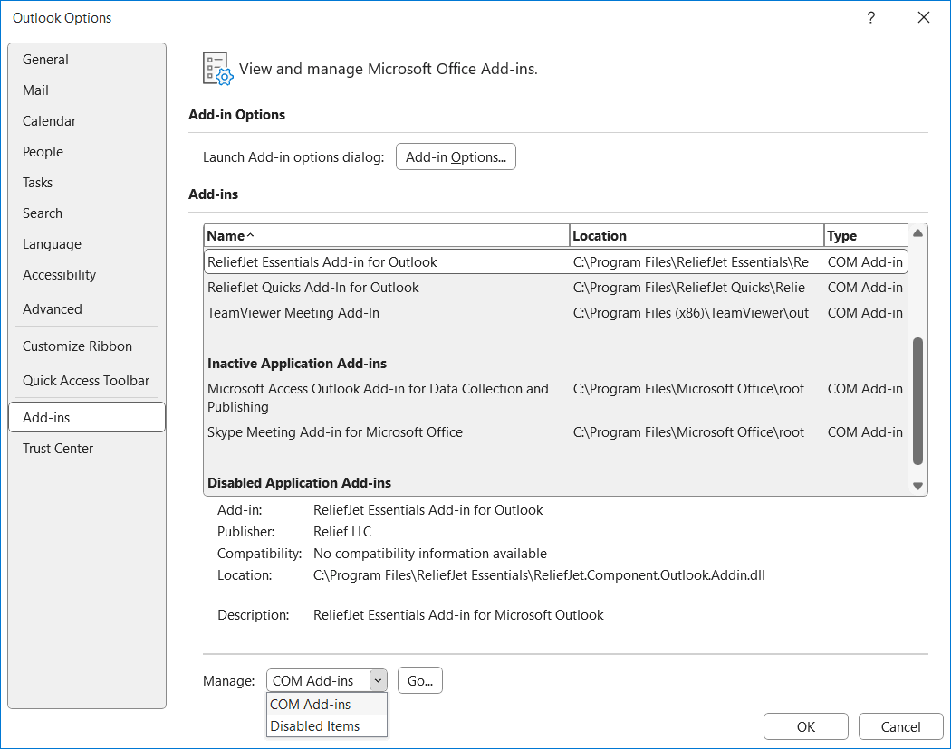 Manage COM add-ins in Outlook